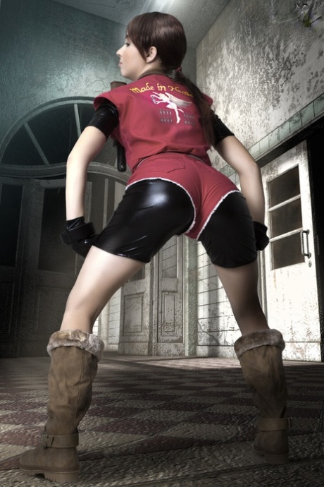 Cosplayer holds her bare ass after wielding a pistol in fingerless gloves 64690640