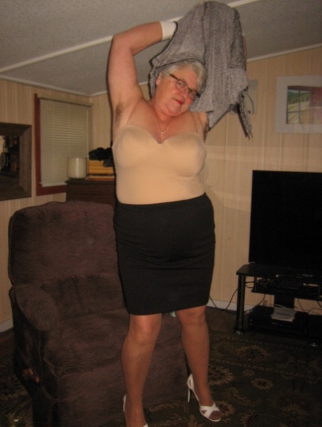 Old oma Girdle Goddess flaunts her saggy breasts wearing tan pantyhose 45256036