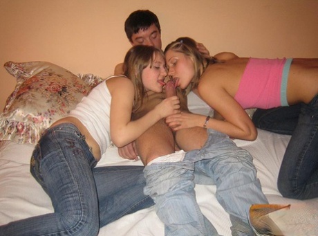 College girls have a threesome with their fuck buddy on top of a bed 66992268