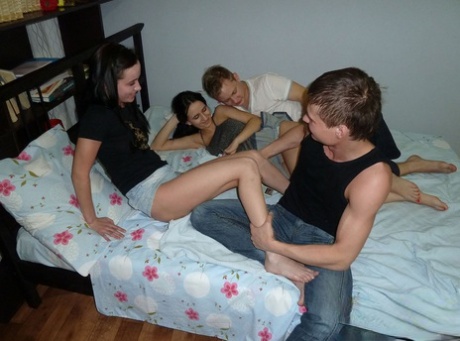 Two college couples experiment with partner swapping sex on a big bed 83584965