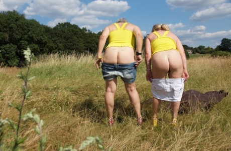 Old lesbians bare their butts and twats in a field while wearing sunglasses 90167875