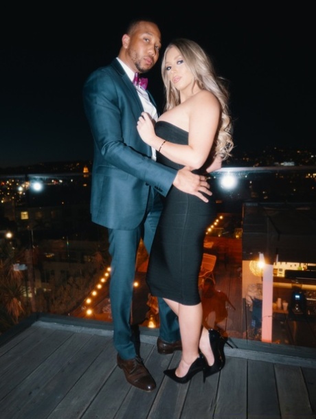 Sexy blonde Kayley Gunner greets her black lover in an off shoulder dress 36825291