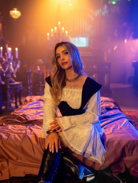 Blonde Latina chick Tru Kait has sex on a bed with her lover by candlelight 90479195