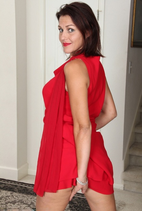 Hot mature brunette Joana Jakes sheds red dress to spread hairy beaver lips 71741464