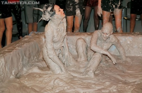 Seductive european fashionistas are into messy mud wrestling 99836235