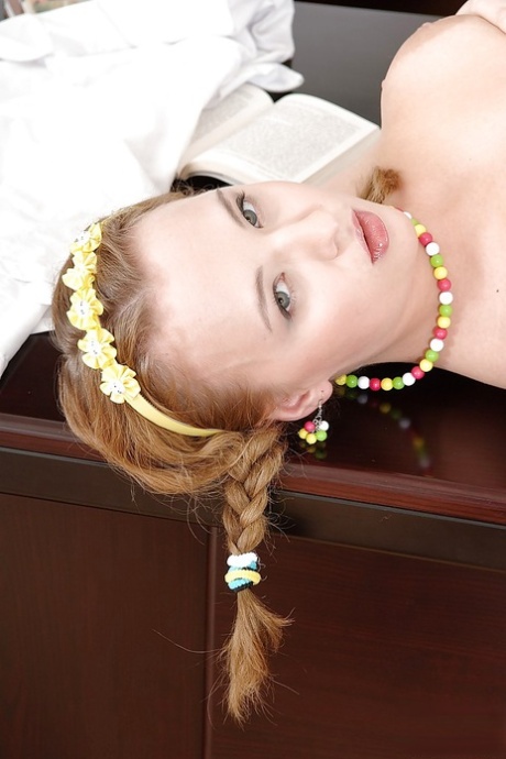 Alluring teen with pigtails uncovering her frolic curves at her work place 34239546